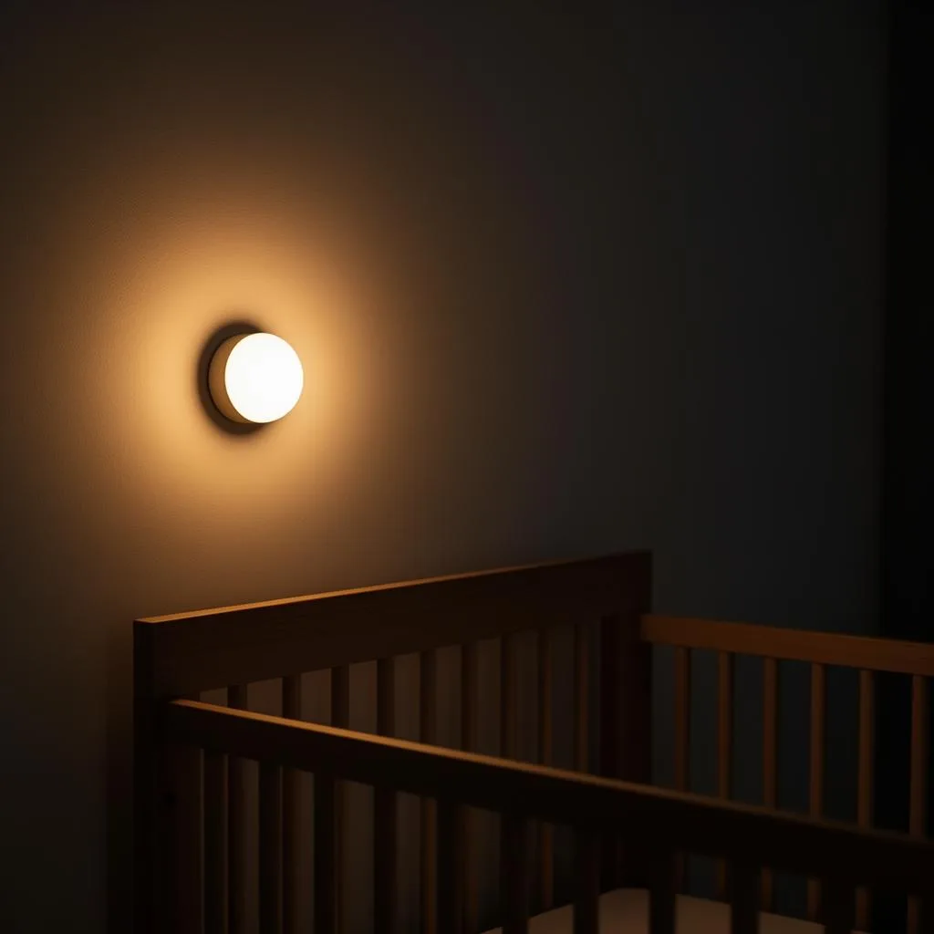 Warm-glow nursery night light mounted above a wooden crib in a peaceful dark nursery